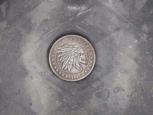 Hand Struck Morgan Silver Dollar Carved/Hobo/Skull/Vanitas/MementoMori/Death/Western/Warrior .999 Silver Plated Replica Coin/Token/Medal