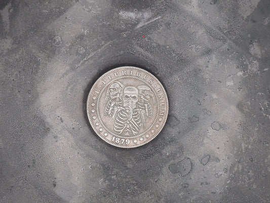 Hand Struck Morgan Silver Dollar Carved/Hobo/Skull/Vanitas/MementoMori/Hear/Speak/See/NoEvil .999 Silver Plated Replica Coin/Token/Medal