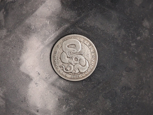 Hand Struck Morgan Dollar - Snake - Viper & Skull/Vanitas/MementoMori/Death/Medusa/Gorgon .999 Silver Plated Replica Coin/Token/Medal