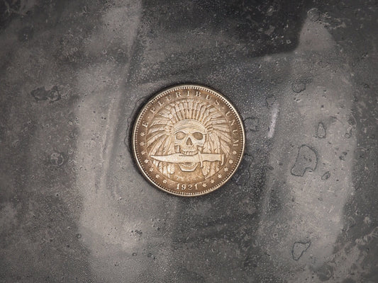 Hand Struck Native Indian Warrior Skull With Dagger - U.S.A. Morgan Dollar .999 Plated Replica Coin/Token For A Cabinet Of Curiosities