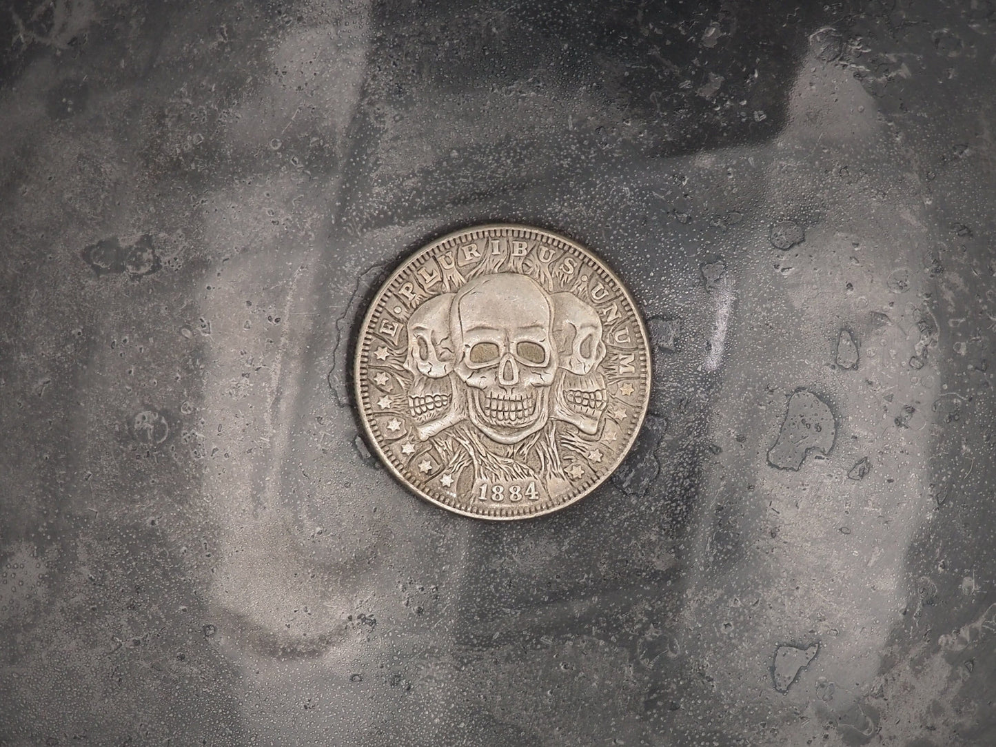 Hand Struck Three Skulls - U.S.A. Morgan Dollar .999 Plated Replica Coin/Token For A Cabinet Of Curiosities