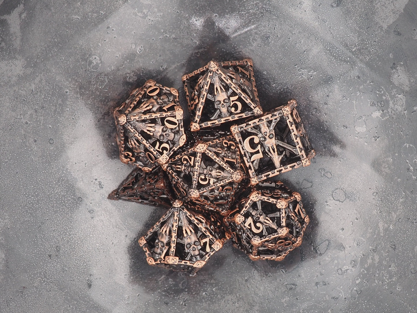 Undead Crossbones Bronze Metal Hollow 7pcs D20 Dice Set-D&D Dungeons And Dragons/MTG/RPG/TableTopGames-Memento Mori/Skull/Vanitas/Gothic
