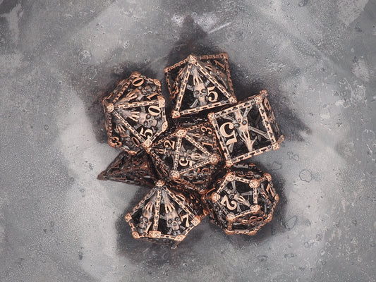 Undead Crossbones Bronze Metal Hollow 7pcs D20 Dice Set-D&D Dungeons And Dragons/MTG/RPG/TableTopGames-Memento Mori/Skull/Vanitas/Gothic