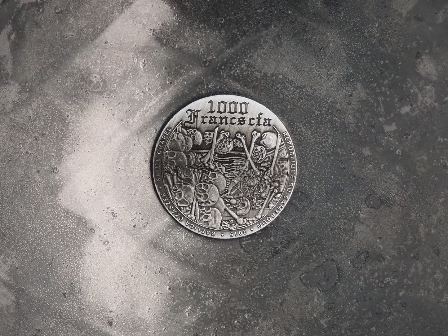 Hand Struck Cathedral Catacombs Bas-relief Silvered Skulls/MementoMori Souvenir Coin - French Franc .999 Plated Replica Coin/Token/Medal