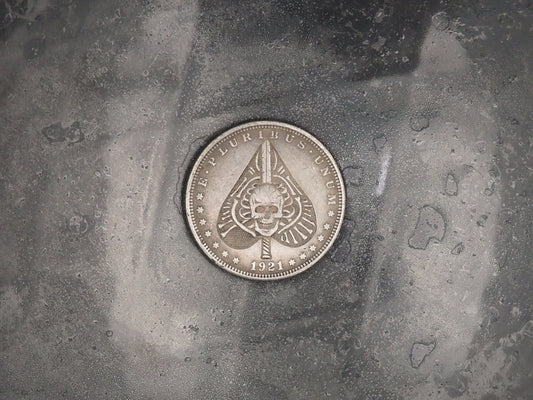 Hand Struck Skull Ace Of Spades - Lucky Poker Chip - U.S.A. Morgan Dollar .999 Plated Replica Coin/Token For A Cabinet Of Curiosities